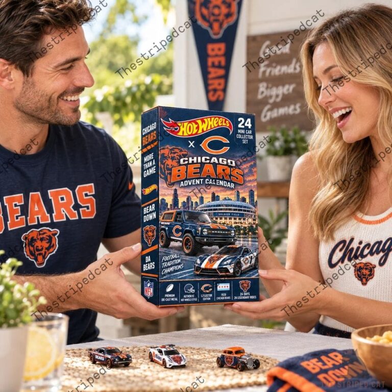 Chicago Bears Hot Wheels advent calendar held by two smiling people