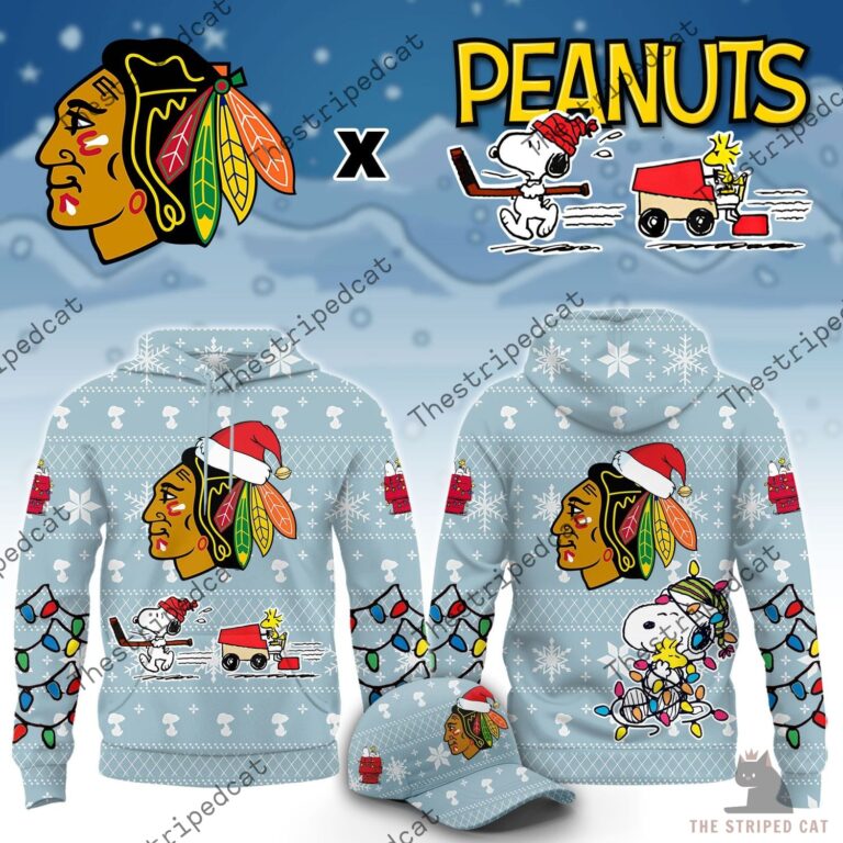 Chicago Blackhawks and Peanuts holiday themed hoodie and cap set