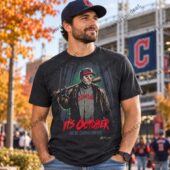 Man wearing Cleveland-themed hockey mask baseball graphic t-shirt