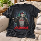 Cleveland Baseball Coming For More T shirt 1 Jason Voorhees wearing a Cleveland baseball jersey holding a bat on a charcoal t-shirt.