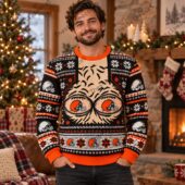 Man wearing a festive holiday sweater with a skull and creature design
