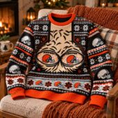 Creepy alien-themed holiday sweater with skull patterns from TheStripedcat