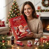 Woman holding a 2026 Coca-Cola 140th anniversary advent calendar in a festive living room