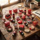 Collection of miniature Coca-Cola ornaments on a wooden table.