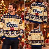 Man wearing a Coors Banquet holiday sweater featuring reindeer and pine trees from TheStripedcat.