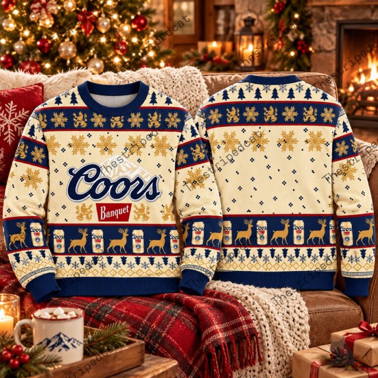 Front and back view of a Coors Banquet branded holiday sweater featuring snowflakes, deer, and beer cans.