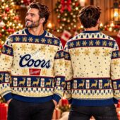 Man wearing a Coors Banquet Christmas sweater with holiday patterns