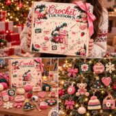 Person holding a 24-day crochet advent calendar by TheStripedcat surrounded by handmade ornaments.