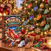 Charlies Football Cleats Advent Calendar with hanging mini shoe ornaments on a Christmas tree.