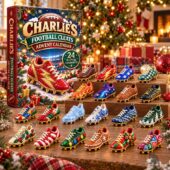 Charlie's Football Cleats Advent Calendar with 24 decorative acrylic ornaments.
