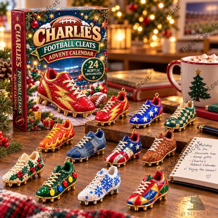 Charlie's Football Cleats Advent Calendar featuring 24 acrylic ornament cleats.