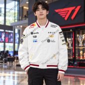 T1 esports white zip-up jacket worn by a man, available at TheStripedcat.