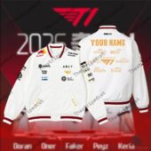 T1 2025 commemorative esports white varsity jacket with team branding