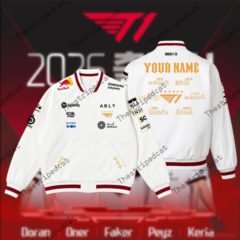 T1 2025 commemorative esports white varsity jacket with team branding