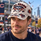 Man wearing a distressed Chicago Bears Mike Ditka commemorative baseball cap
