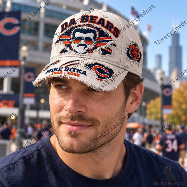 Man wearing a distressed Chicago Bears Mike Ditka commemorative baseball cap