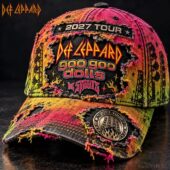 Distressed Def Leppard 2027 Tour baseball cap with band logos.