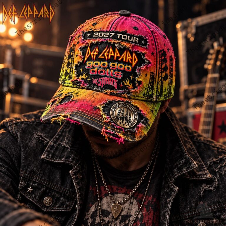 Distressed rock band concert cap featuring Def Leppard, Goo Goo Dolls, and The Struts 2027 tour branding.