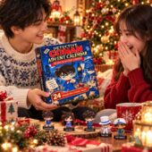 Couple opening a Detective Conan advent calendar with character figurines