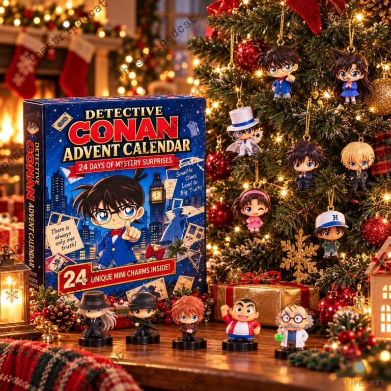 Detective Conan advent calendar with 24 mini anime character ornaments displayed on a Christmas tree