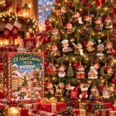Elf Advent Calendar 2026 set with hanging elf ornaments on a Christmas tree