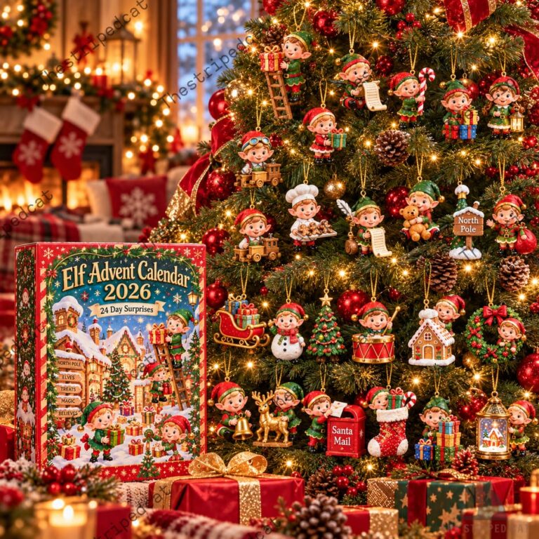 Elf Advent Calendar 2026 set with hanging elf ornaments on a Christmas tree