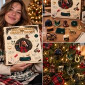 Woman holding an Equestrian Countdown Advent Calendar with horse-themed ornaments