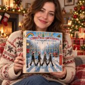 Fab Four Christmas Countdown 2026 Advent Calendar 2 Woman holding a Beatles-themed Fab Four Christmas Countdown advent calendar