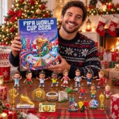 Man holding a FIFA World Cup 2026 advent calendar with miniature soccer player figurines and ornaments.