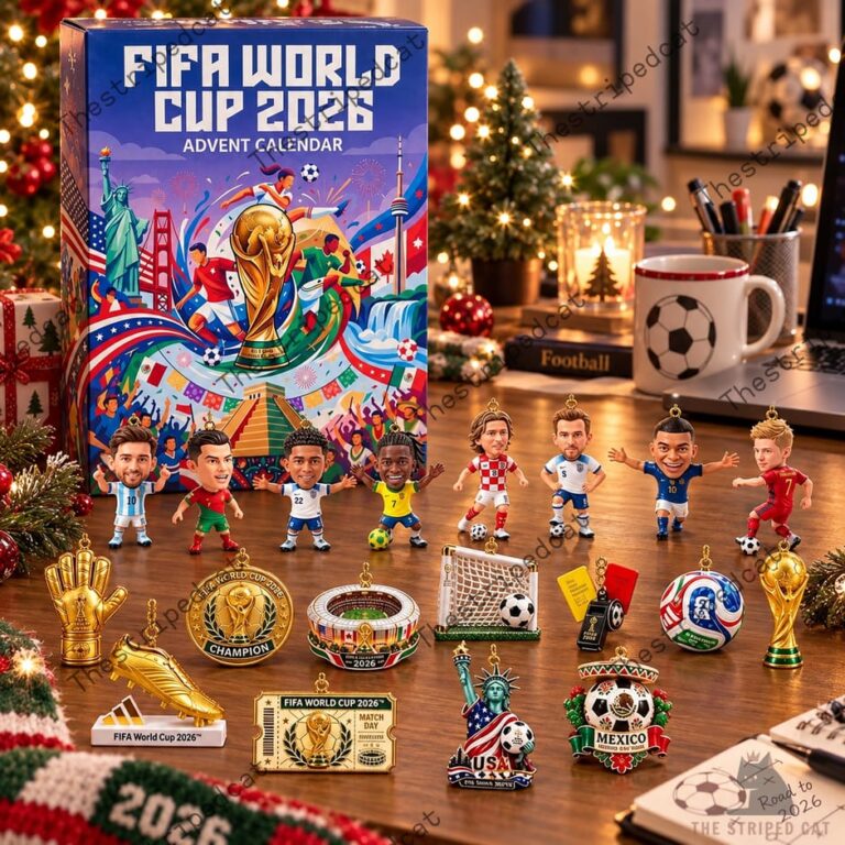 FIFA World Cup 2026 advent calendar with miniature soccer player figures and championship ornaments by TheStripedcat