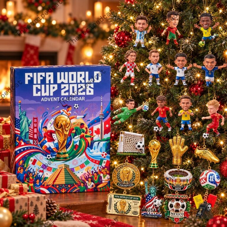 FIFA World Cup 2026 advent calendar next to a Christmas tree decorated with soccer player ornaments.