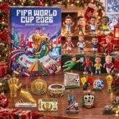 FIFA World Cup 2026 advent calendar with miniature soccer player figurines and ornaments.