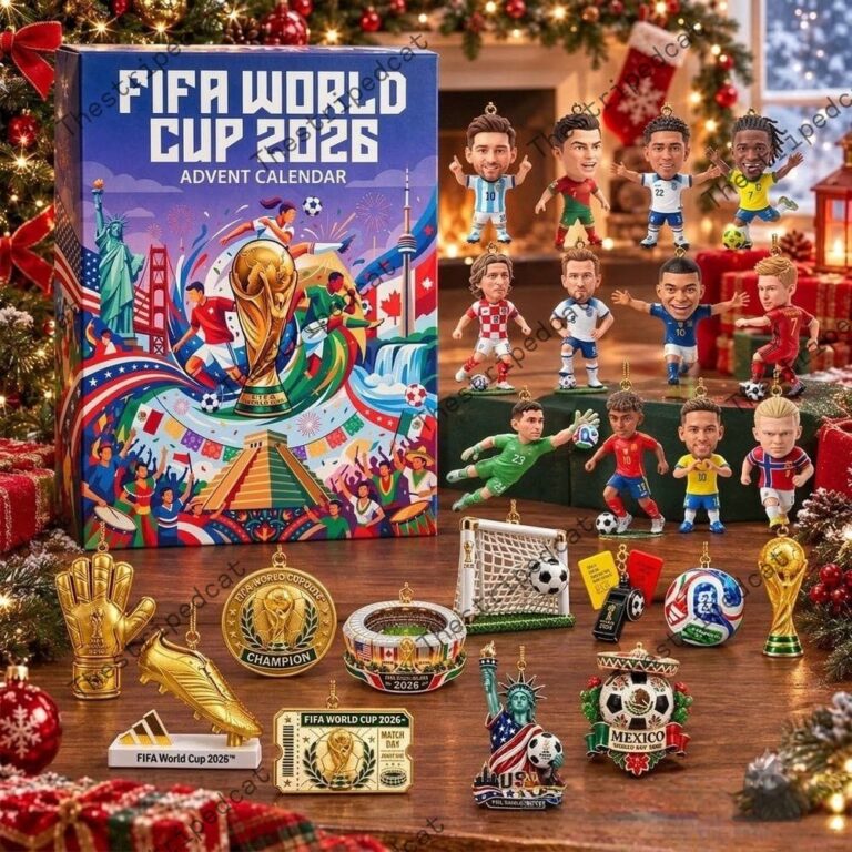 FIFA World Cup 2026 advent calendar with miniature soccer player figurines and ornaments.