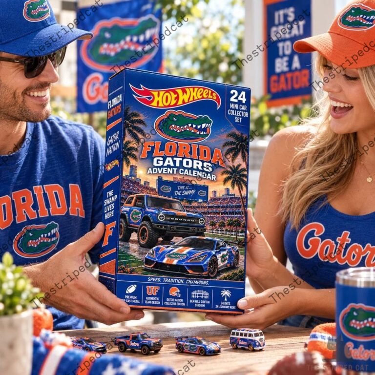 Florida Gators 24 Mini Car Collector Advent Calendar 2026 3 A man and a woman holding a Florida Gators Hot Wheels advent calendar featuring 24 die-cast vehicles.