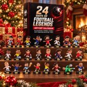 24 Days of Football Legends advent calendar featuring 24 collectible player figurines on display.