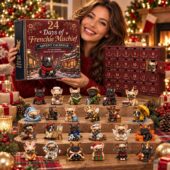 Woman holding 24 Days of Frenchie Mischief advent calendar with assorted French Bulldog figures
