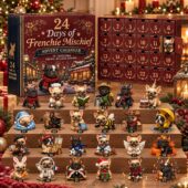 24 Days of Frenchie Mischief advent calendar featuring 24 miniature French Bulldog figurines.