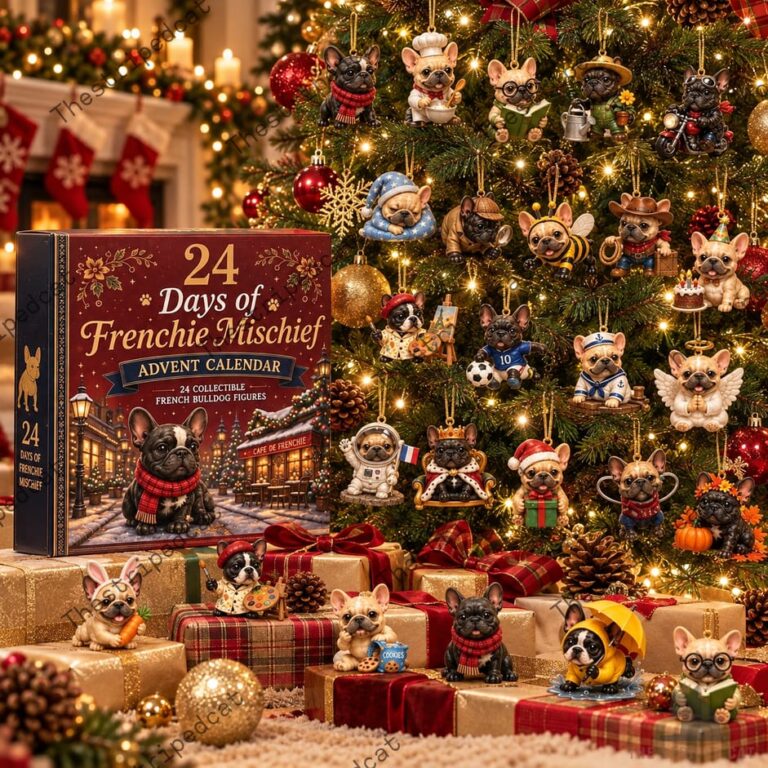 24 Days of Frenchie Mischief advent calendar featuring French Bulldog ornaments.