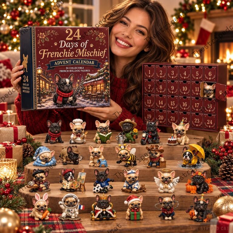 Woman holding 24 Days of Frenchie Mischief advent calendar with assorted French Bulldog figures