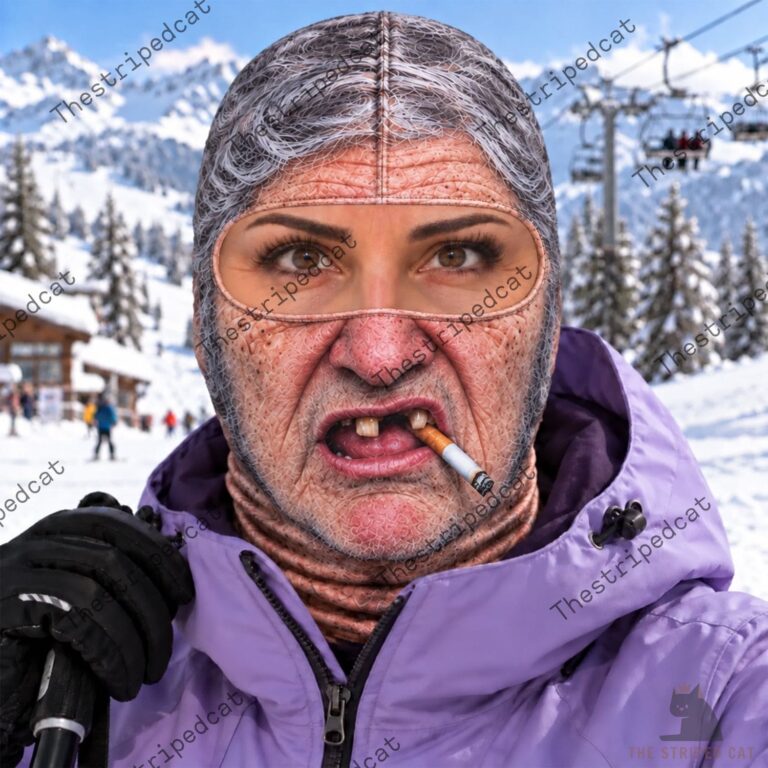 Person wearing a realistic old man face ski mask with cigarette on snowy mountain