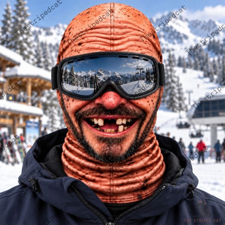 Man wearing a humorous wrinkled skin balaclava mask with ski goggles at a mountain resort.