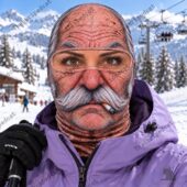 Person wearing a hyper-realistic elderly man face mask balaclava at a ski resort.