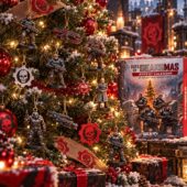 Gears of War advent calendar with collectible character ornaments hanging on a Christmas tree