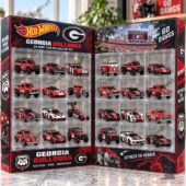 Hot Wheels Georgia Bulldogs 24-piece die-cast vehicle collector set in a display case.