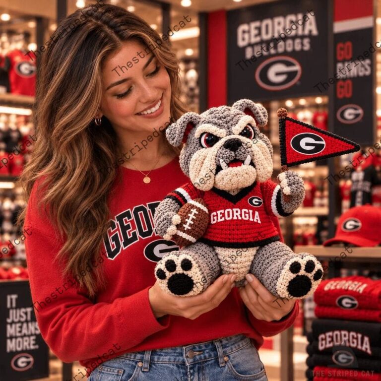 Georgia Bulldogs Character Crochet Doll 2 Woman holding a crochet Georgia Bulldogs mascot doll