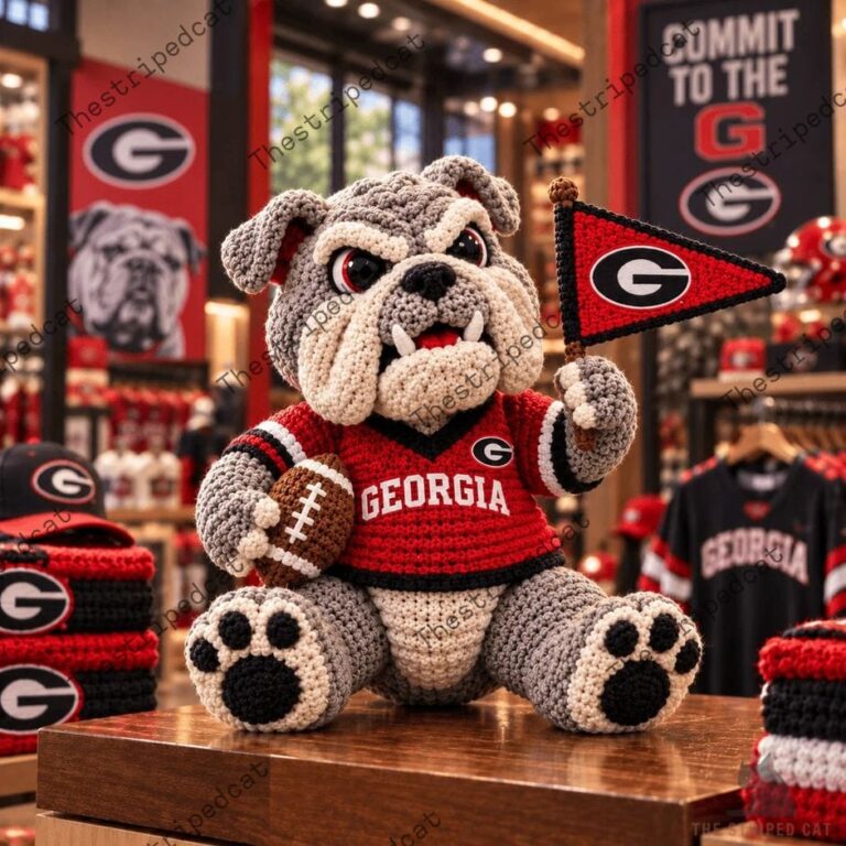 Georgia Bulldogs Character Crochet Doll 3 Crocheted Georgia Bulldogs mascot holding a football and flag from TheStripedcat