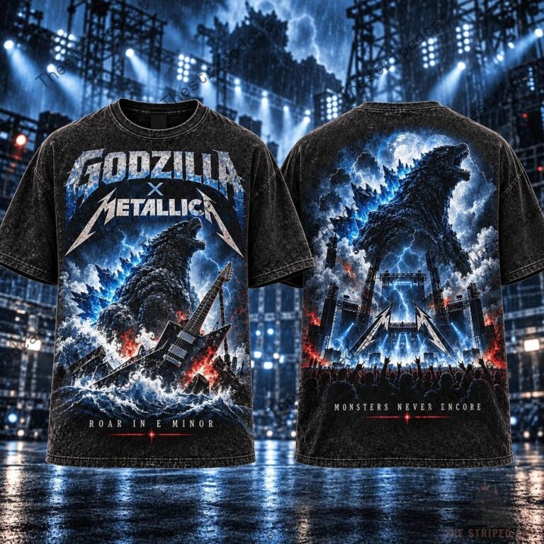 Godzilla x Metallica graphic t-shirt featuring concert scene