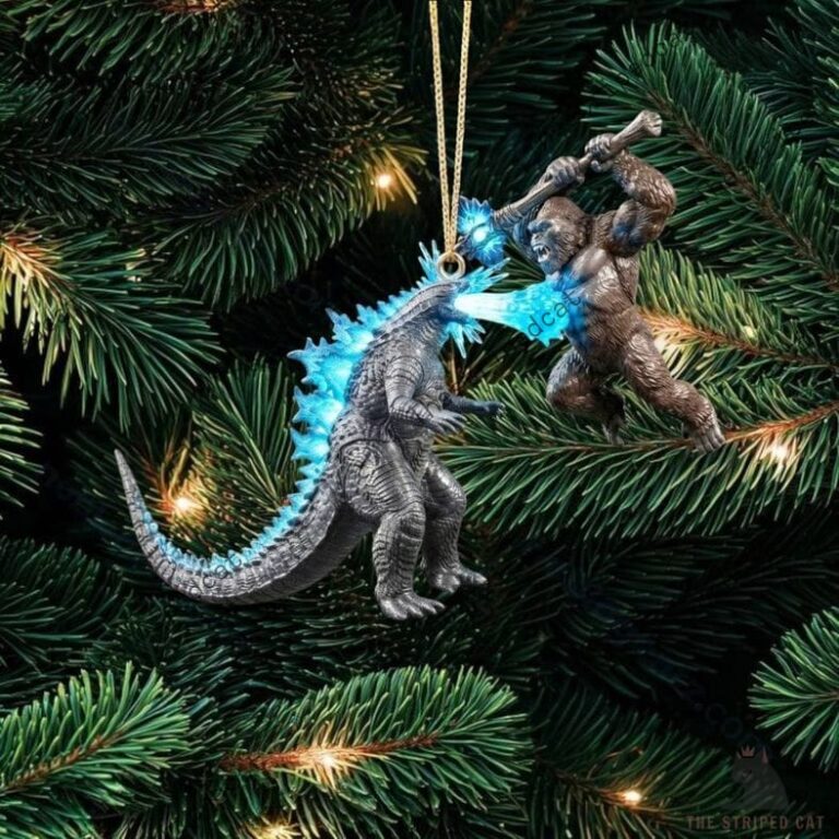 Godzilla Vs Kong Battle Axe Christmas Ornament 1 Godzilla versus King Kong ornament hanging on a Christmas tree