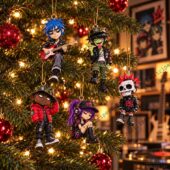 Gorillaz band member ornaments hanging on a Christmas tree