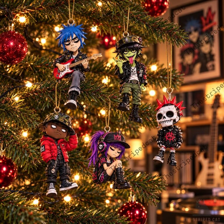 Gorillaz band member ornaments hanging on a Christmas tree